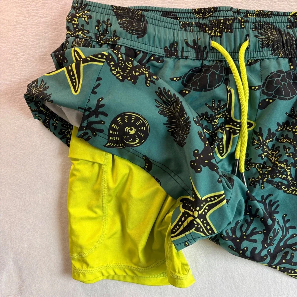 Maamgic Mens Swim Trunks Teal Green Turtle Starfish Print Compression Liner M